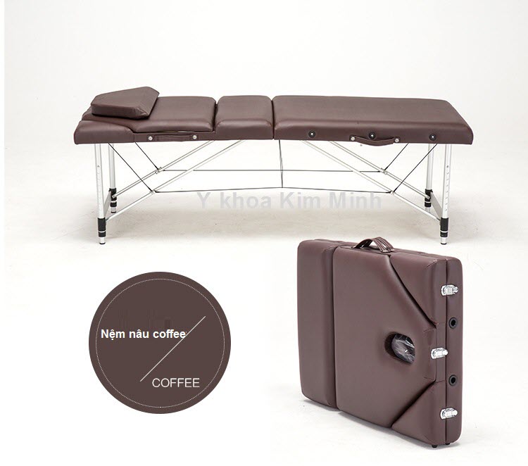 Giường massage di động có nâng đầu khung thân nhôm màu nệm nâu cà phê - Y khoa Kim Minh