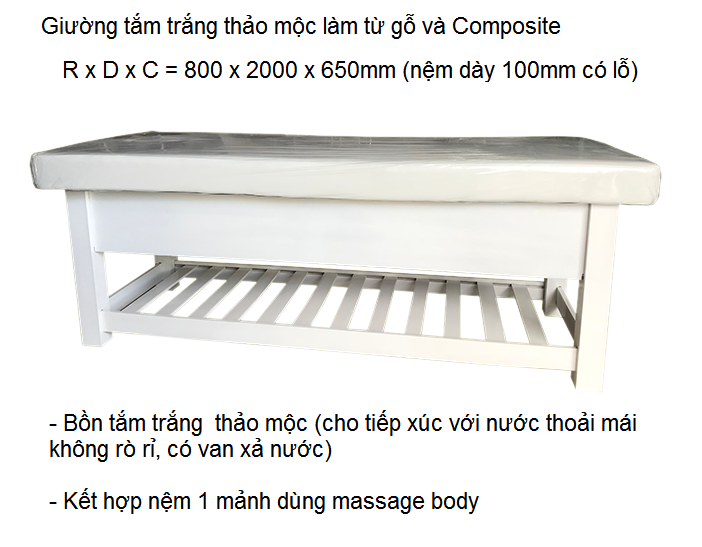 Giường tắm trắng thảo dược làm từ gỗ tràm và sợi thủy tinh composite sản xuất tại Y khoa Kim Minnh 0933455388