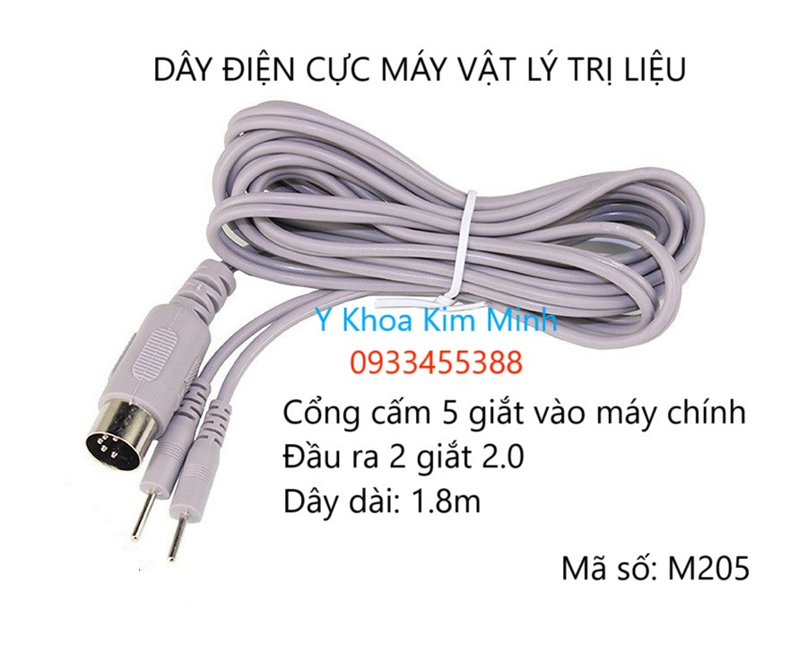 205 dây cắm miếng dán điện xung máy vật lý trị liệu dài 1.5, đầu cắm vào 5 lỗ, đầu ra 2 dây giắt 2.0