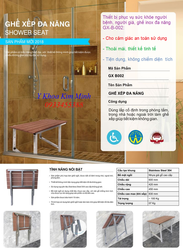 Ghế xếp inox dùng cho người già ngồi tắm GX-B002 - Y khoa Kim Minh Bán ghế xếp cho người già tắm vệ sinh thân thể GX-B002 - Y Khoa Kim Minh 0933455388
