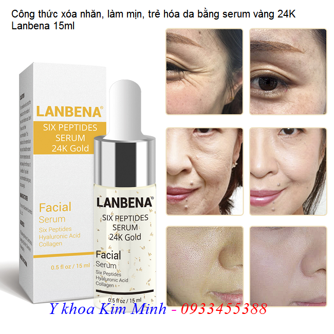 Giúp căng bóng, xóa nhăn, làm đẹp da từ serum vàng 24K Lanbena - Y kho Kim Minh Công thức dưỡng ẩm làm mịn, căng bóng da, xóa nhăn, giảm sắc tố da bằng serum vàng 24K Gold Lanbena - Y khoa Kim Minh