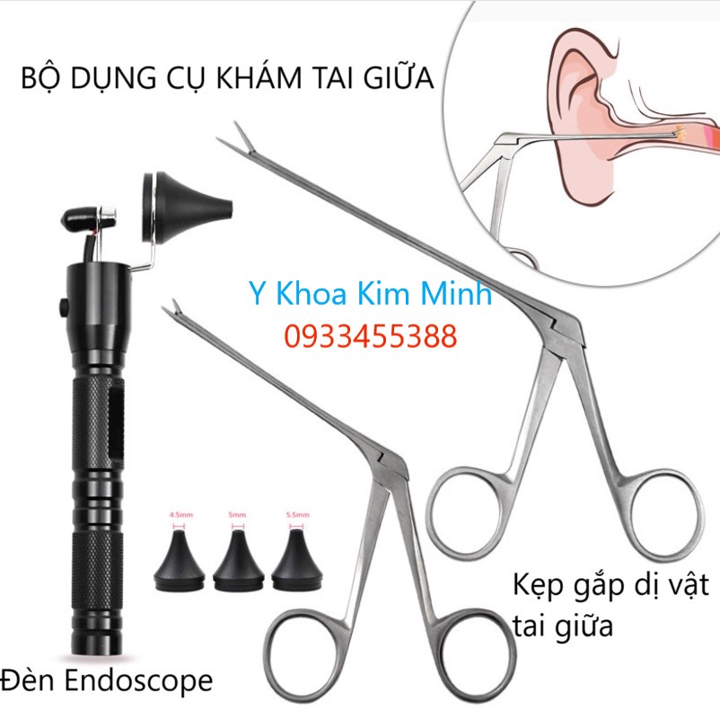 Bộ dụng cụ khám tai gồm đèn khám tai Endoscope Light và kìm gắp dị vật tai giữa Hartmann Alligator Ear Forceps