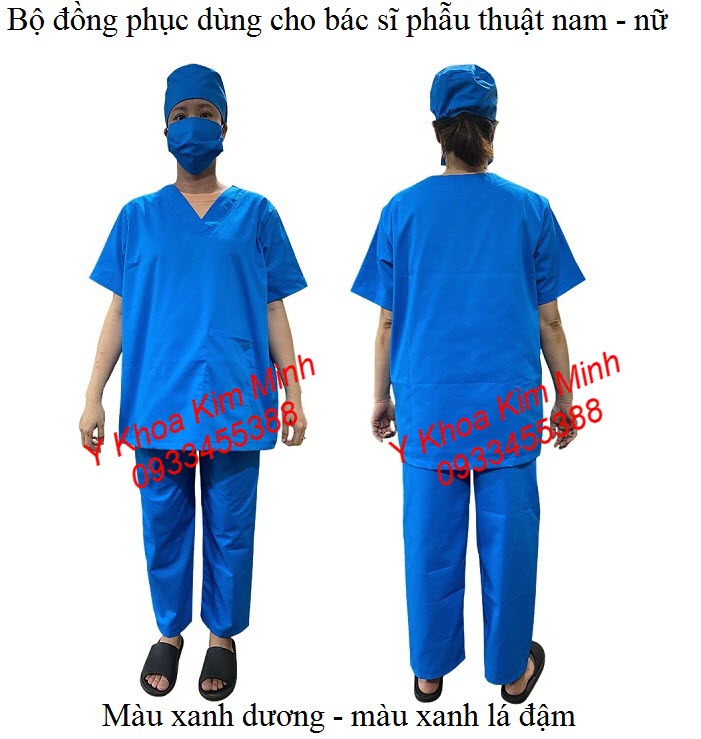 Bộ đồ phòng mỗ phẫu thuật tay ngắn dùng cho bác sĩ nam nữ vải kaki xanh dương, xanh lá đậm - Y Khoa Kim Minh