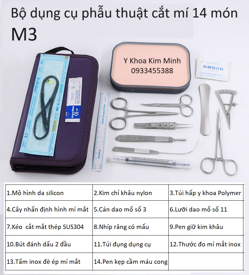 Bộ dụng cụ pen kéo y tế phẫu thuật mí mắt gồm 14 món M3