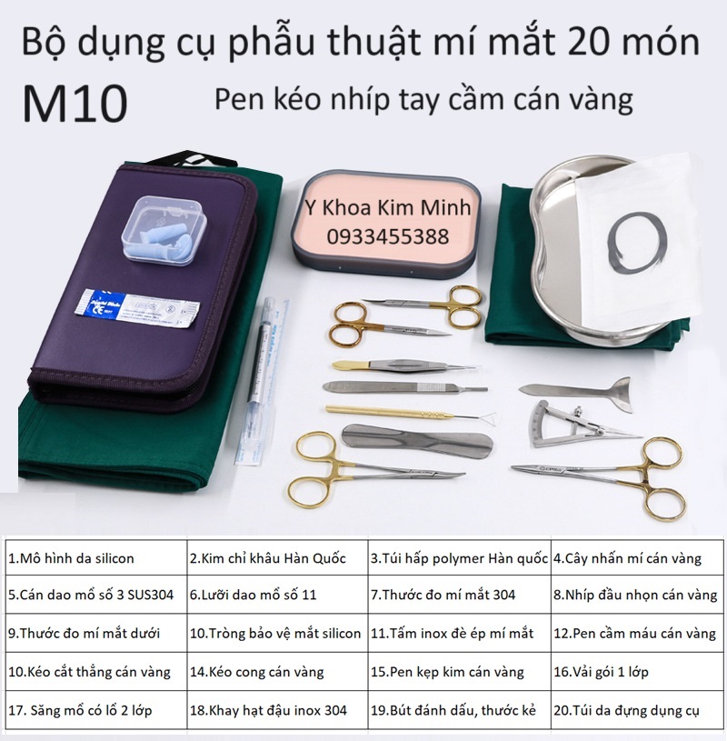 Bộ dụng cụ pen kéo cán vàng phẫu thuật cắt mí mắt 20 món M10
