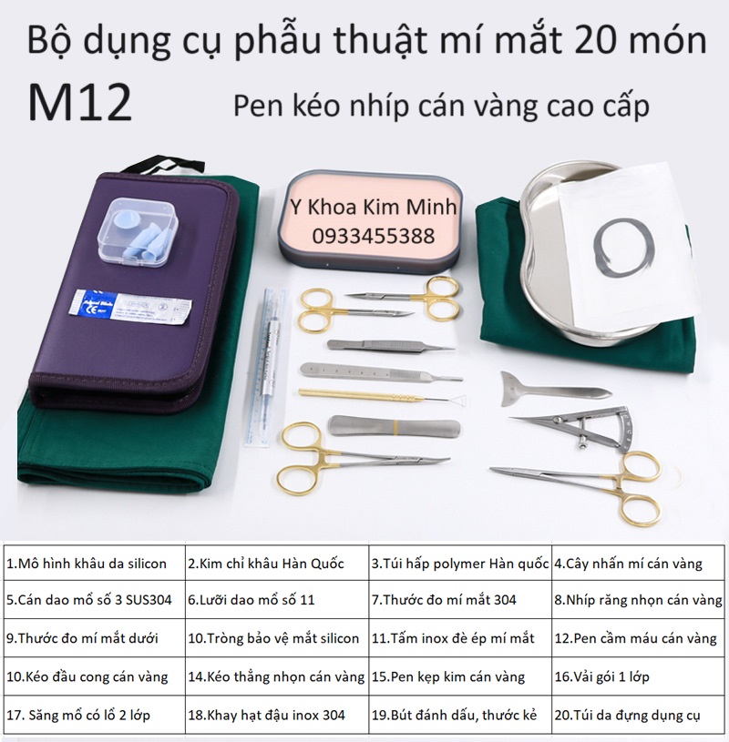 Bộ dụng cụ phẫu thuật thẩm mỹ mí mắt, cắt mắt 2 mí 20 món M12 cao cấp