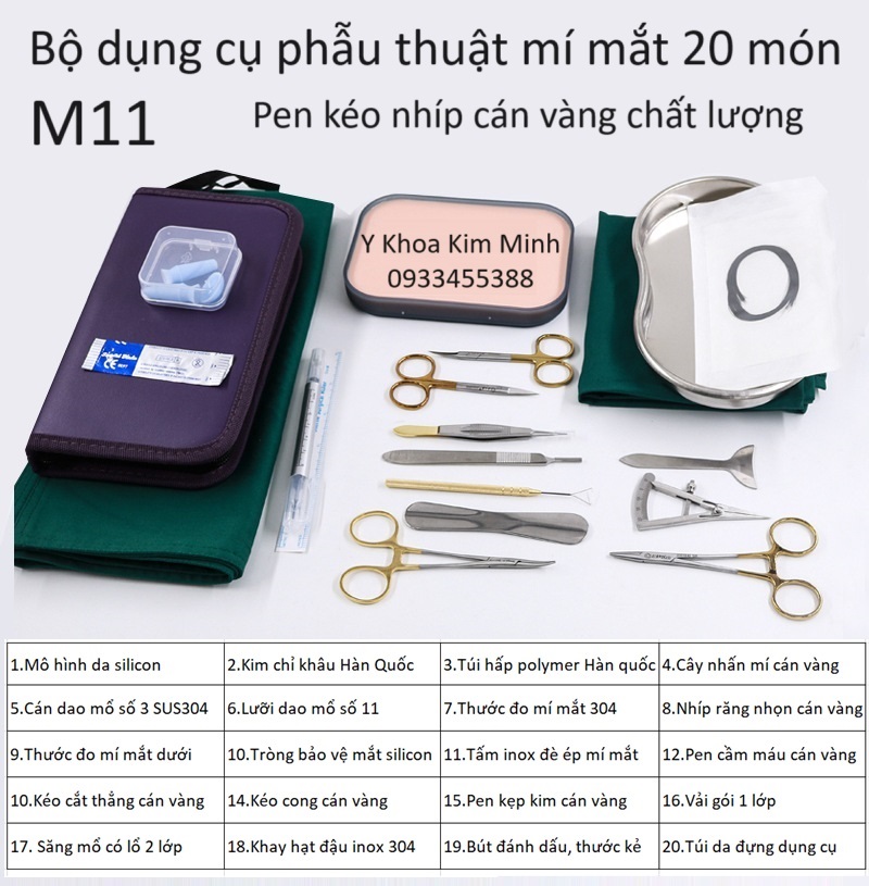 Bộ dụng cụ pen kép nhíp cán vàng phẫu thuật cắt mí mắt 20 món M11 chất lượng