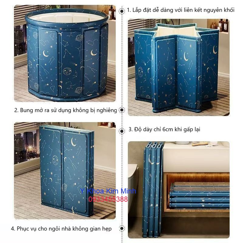 Bồn tắm di động gấp gọn có 7 lớp, gồm 14 tấm liên kết với nhau với vải chống thấm bằng nylon an toàn sử dụng lâu dài