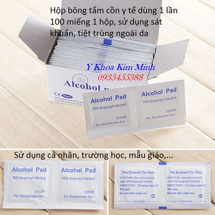 Bông tẩm cồn y tế tiệt trùng từng cái hộp 100 miếng bán tại Tp Hồ Chí Minh - Y Khoa Kim Minh