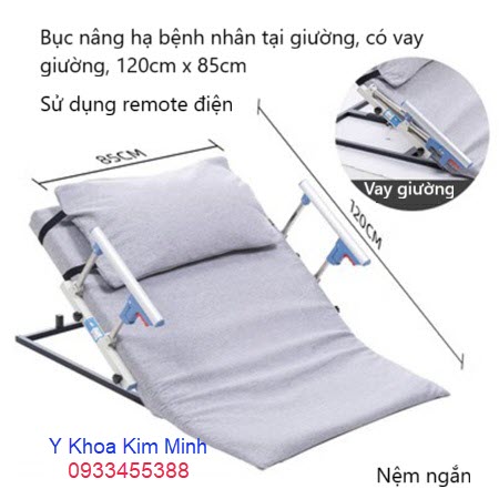 Bục nâng hạ bệnh nhân tại giường bằng điện remote có vay giương, nệm ngắn, kích thước 120cm x 85cm