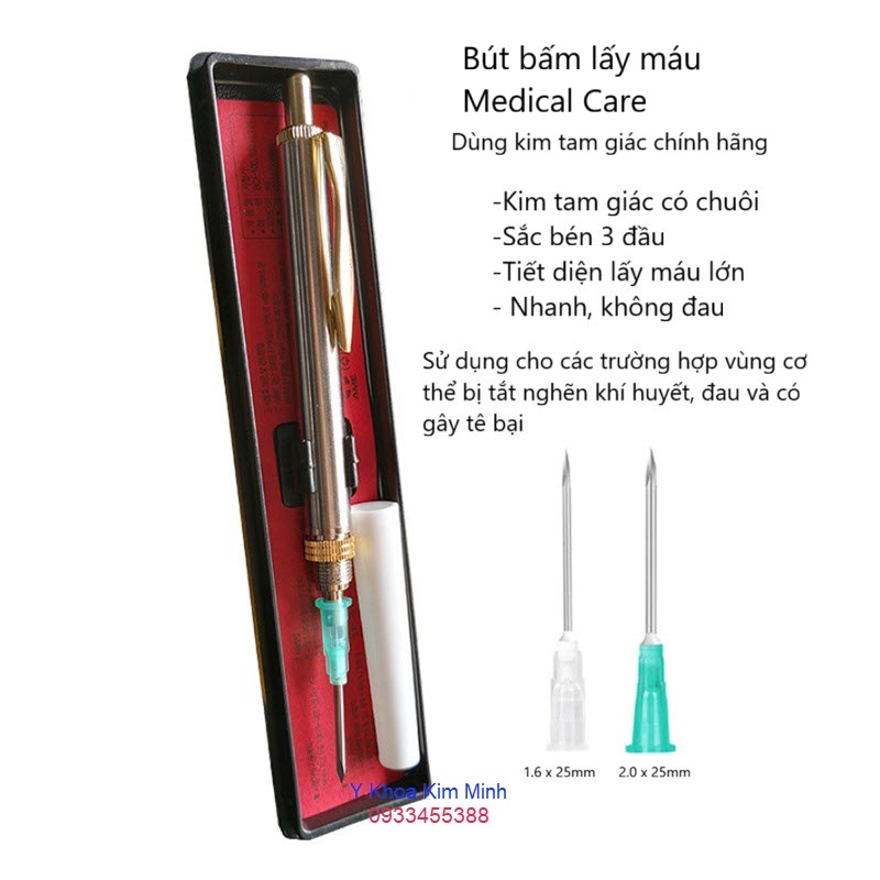 Bút bấm lấy máu Medical Care dùng kim tam giác chính hãng trích lấy máu trong đông y trị liệu