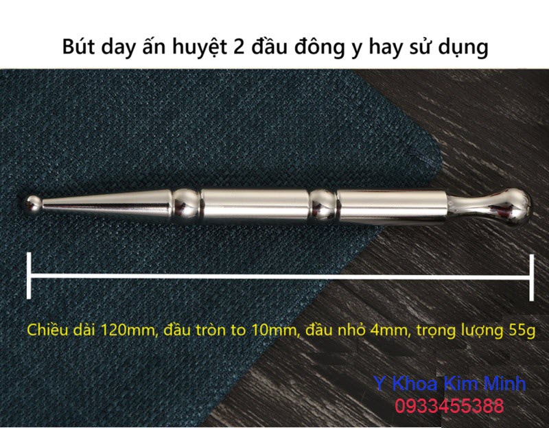 Bút ấn huyệt 2 đầu inox kích thước dài 120mm, đường kính đầu to 10mm, đường kính đầu nhỏ 4mm, trọng lượng 55g