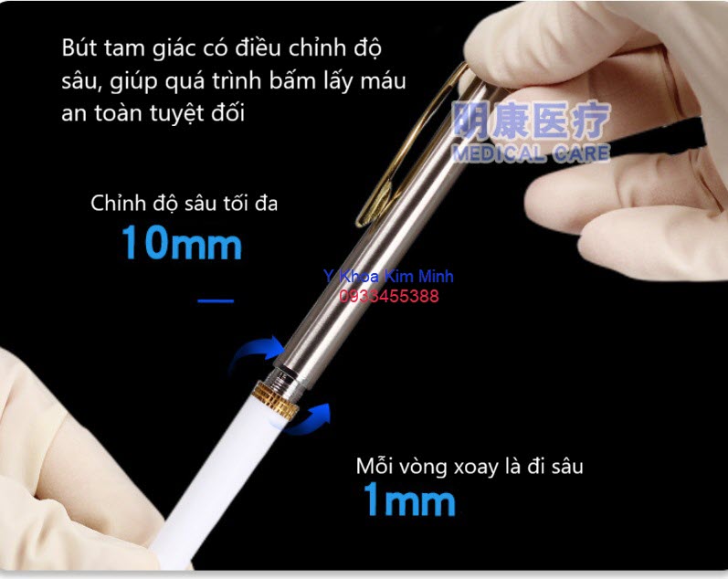 Bút lấy máu dùng kim tam giác có chỉnh độ sâu kim từ 1mm - 10mm