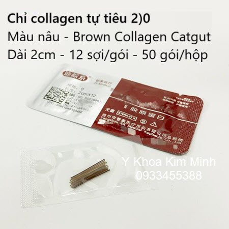 Chỉ collagen tự tiêu 2)0 màu nâu dài 2cm gói 12 sợi, hộp 50 gói