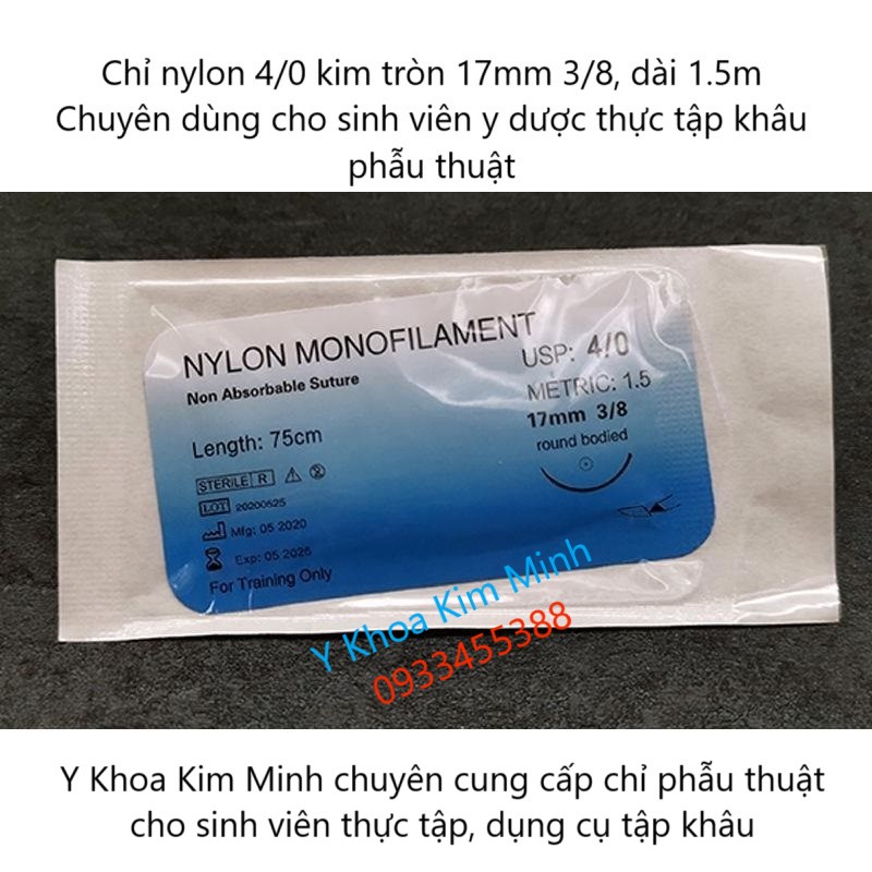 Chỉ nylon 4)0 kim tròn dùng cho sinh viên tập khâu phẫu thuật