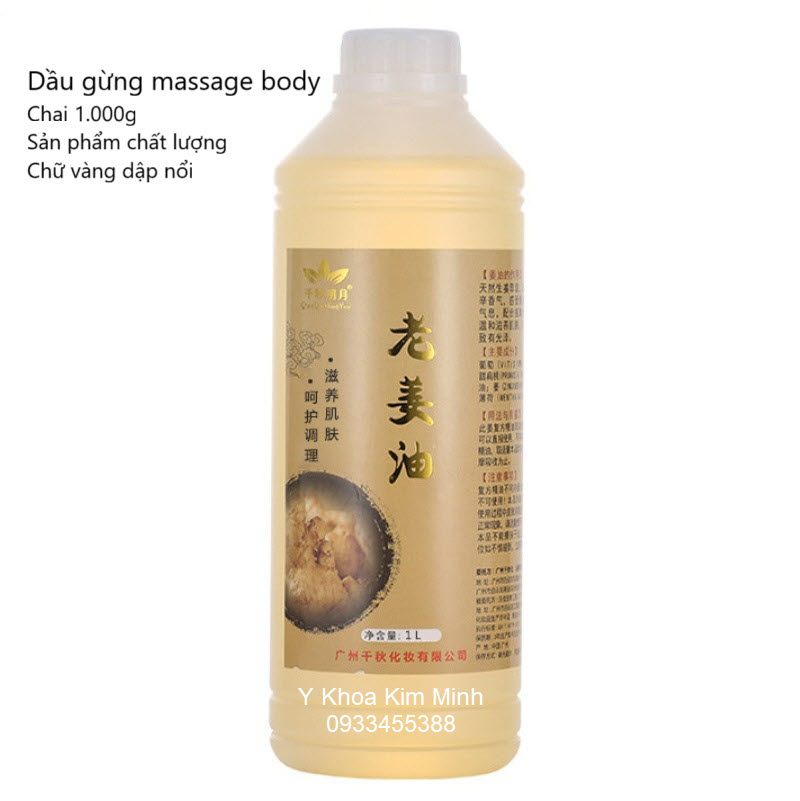 Dầu gừng massage body nguyên chất, mùi dịu thơm, thành phần gồm tinh dầu gừng, tinh dầu jojoba, tinh dầu gỗ huỳnh đàn, trọng lượng 1.000g