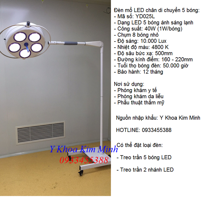 Đèn y tế chân đứng 5 bóng LED YD025L bán tại Y Khoa Kim MInh