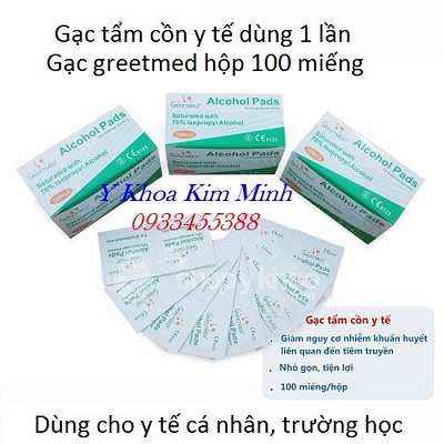 Gạc tẩm cồn y tế sát trùng tay nhanh Greetmed hộp 100 miếng - Y khoa Kim Minh