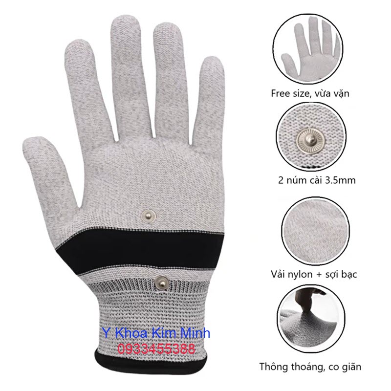 Găng tay điện xung 2 núm điện cực GDX-2N sử dụng với máy xung điện trị liệu miếng dán, máy Dr Ho, máy Aukewel, máy trung tần trị liệu, máy trị liệu DDS, máy châm cứu