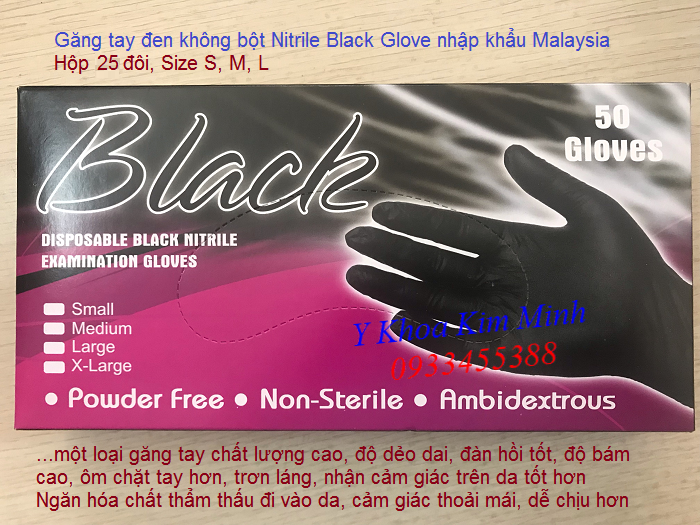 Gang tay den, gang tay khong bot, gang tay y te nhap khau Malaysia Bkack Gloves - Y khoa Kim Minh