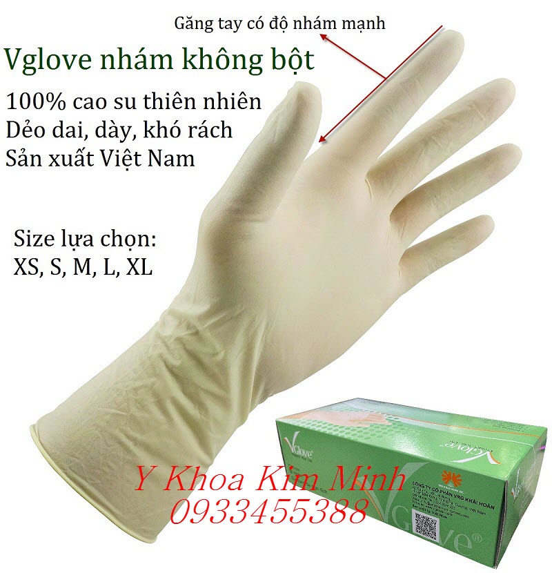 Găng tay y tế không bột có nhám Vglove size XS, S, M, L bán ở Kim Minh