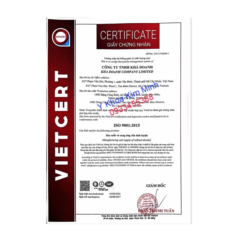 Giấy kiểm nghiệm chất lượng cồn sát khuẩn BOPA 90 độ