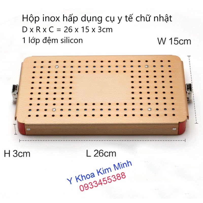 Hộp hấp inox y tế chữ nhât 26 x 15 x 3cm một lớp đệm silicon