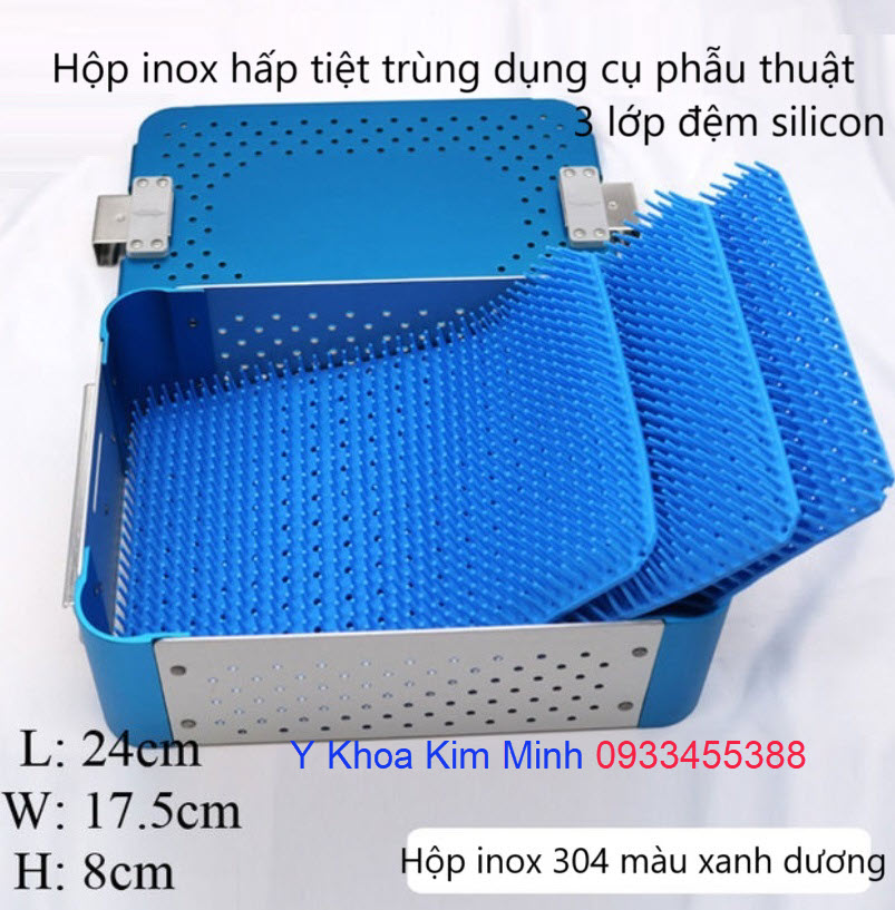 Hộp inox hấp tiệt trùng dụng cụ phẫu thuật y tế 26 x 17.5 x 8cm 3 lớp đệm silicon