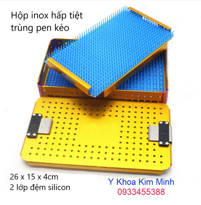 Hộp inox chữ nhật hấp sấy tiệt trùng dụng cụ pen kéo y tế 26 x 15 x 4cm 2 lớp đệm silicon