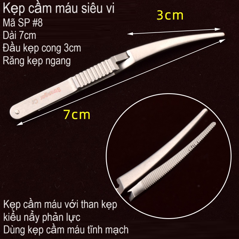 Pen kẹp cầm máu siêu vi tap bóp nẩy phản lực lưỡi cong răng cưa ngang dài 7cm #8