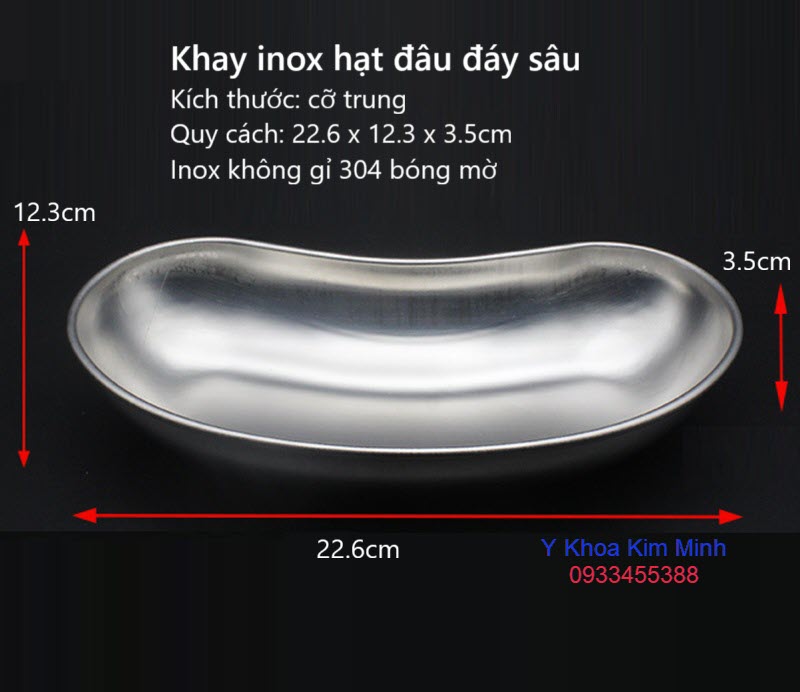 Khay inox hạt đậu đáy sâu cỡ đại kích thước 22.6 x 12.3 x 3.5cm dùng inox không gỉ 304
