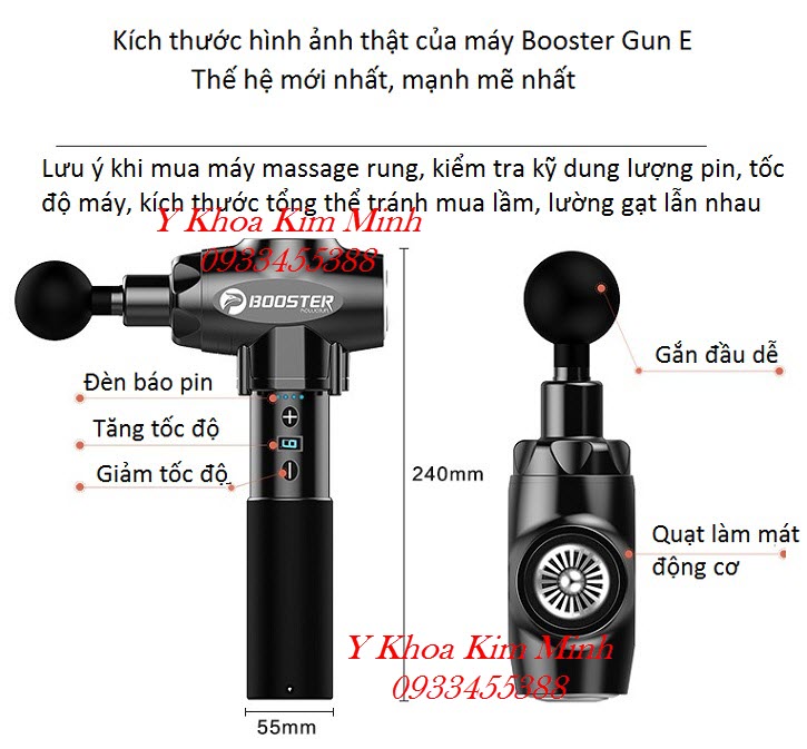 Kích thước thực tế, tính năng của máy massage rung Booster Gun 5 đầu 9 tốc độ - Y Khoa Kim Minh