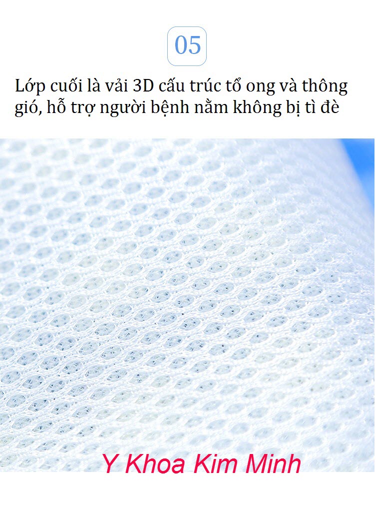 Lớp vải 3D hình tổ ong thông thoáng và ngăn rò rỉ nước tiểu khi người bệnh nằm trên miếng lót giương