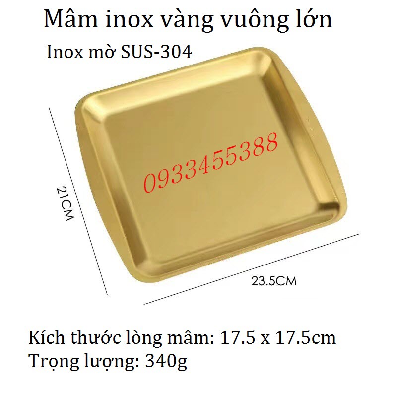 Mâm inox vàng vuông lớn kích thước 21 x 23.5cm