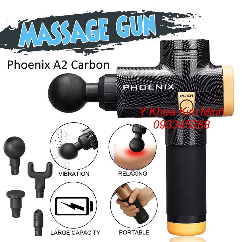 Massage gun Phonenix A2 thân máy Carbon pin 2500mAh 4 đầu đấm bóp - Y Khoa Kim Minh