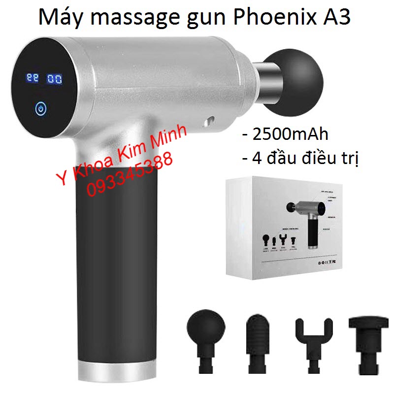 Máy massage gun Phoenix A3 4 tốc độ 6 đầu điều trị pin 2500mAh