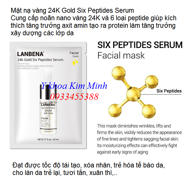 Mặt nạ vàng nâng cơ xóa nhăn trẻ hóa da 24K Gold Six Peptides Lanbena Mask - Y khoa Kim Minh Mat na vang 24K Gold six Peptides chuyen chong nhan, nang co, tai tao tre hao da Lanbena Mask - Y khoa Kim Minh