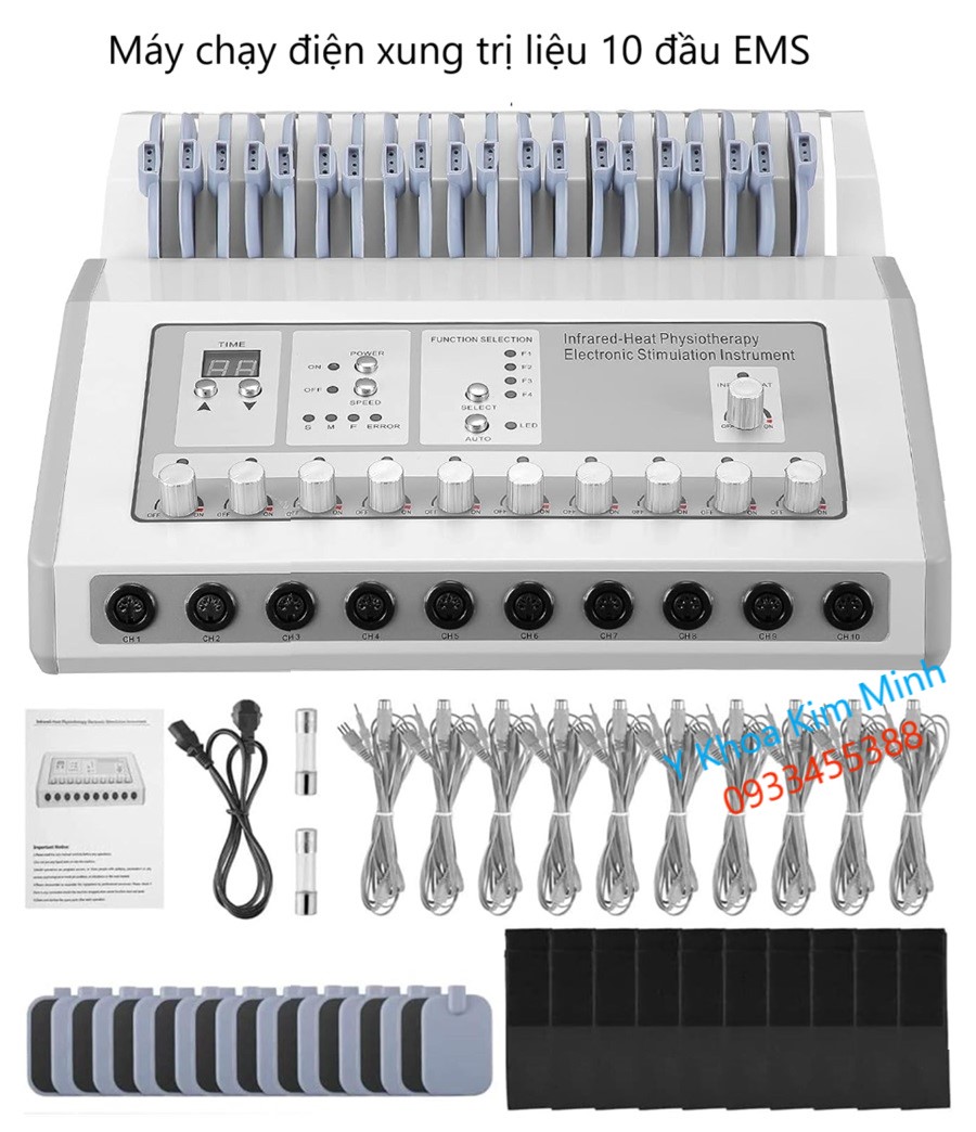 Máy điên xung 10 đầu chạy sóng EMS trị liệu giảm đau xương cơ khớp dùng cho phòng khám đông y vật lý trị liệu