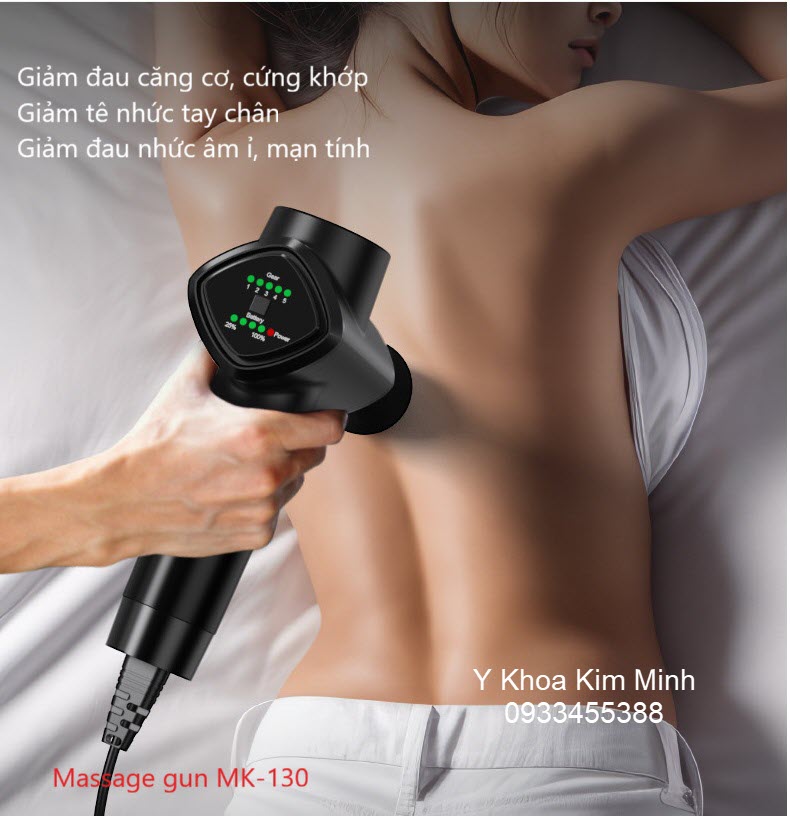 Máy massage gun MK-130 có công dụng giảm đau, giảm căng cơ, giảm viêm gân gây tê bại, làm mềm gân khớp, hồi phục vận động, giảm đau cột sống lưng cổ, giảm đau mỏi vai gáy tê tay