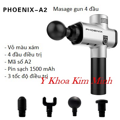 Máy masasge gun Phoenix A2 vỏ màu xám 4 đầu 1500mAh 3 tốc độ - Y Khoa Kim Minh