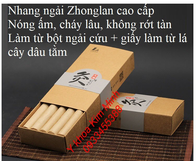 Nhang ngải cứu cao cấp, làm từ bột ngải cứu thiên nhiên, giấy lá dâu tằm nhãn hiệu Zhonglan - Y Khoa Kim Minh
