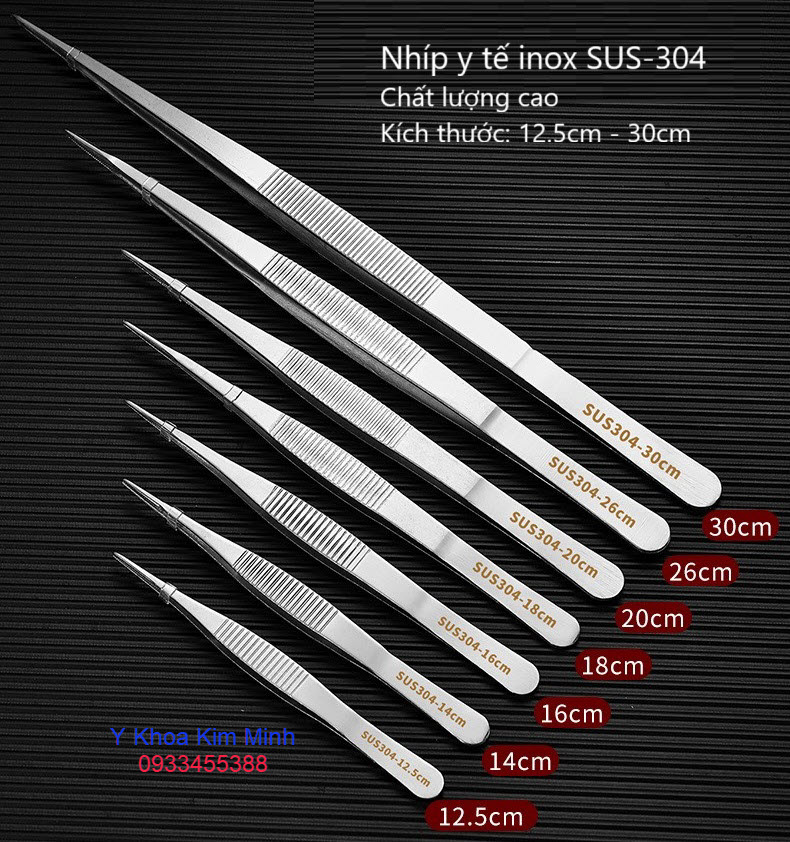 Nhíp y tế đầu nhọn inox SUS-304 kích thước 12.5cm, 14cm, 16cm, 18cm, 20cm, 25cm, 30cm