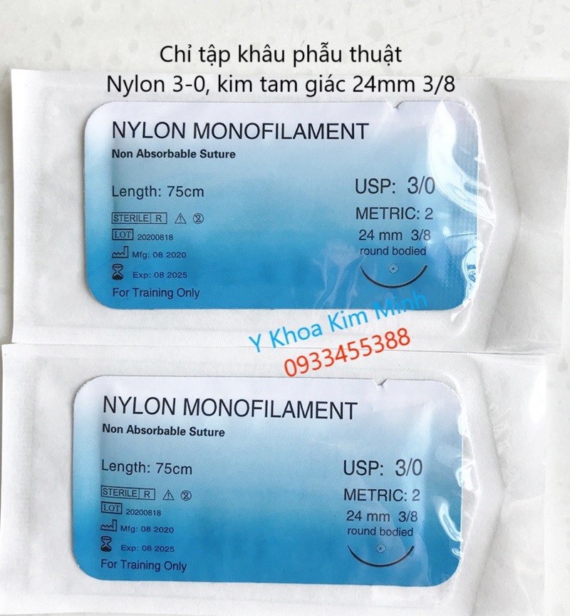 Chỉ tập khâu phẫu thuật y tế dùng cho sinh viên Nylon Monofilament 3)0 kim tròn 24mm 3/8