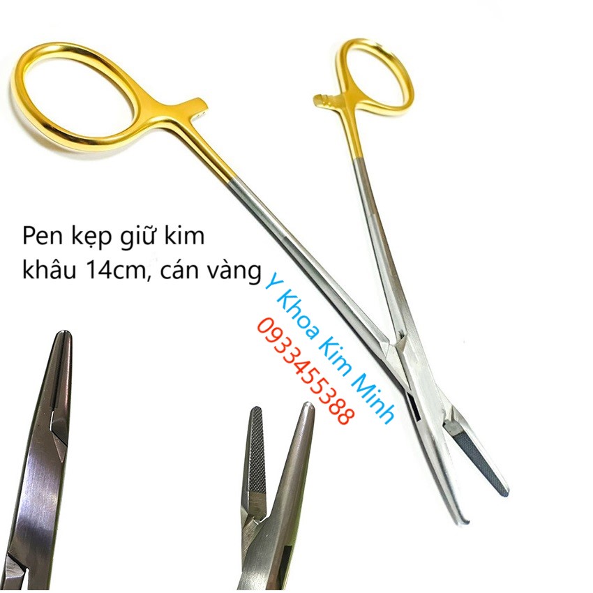 Pen kẹp kim khâu phẫu thuật y tế 14cm cán vàng