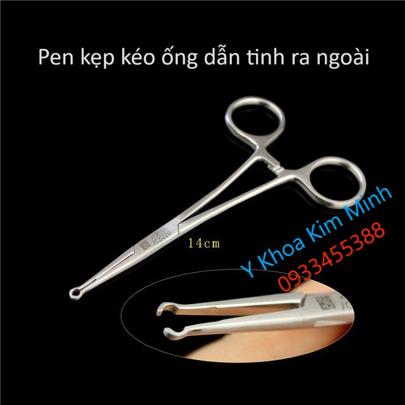 Pen kẹp y tế đầu tròn có lỗ dài 14cm dùng để kẹp ống dẫn tinh đưa ra ngoài trong bộ dụng cụ phẫu thuật thắt ống dẫn tinh