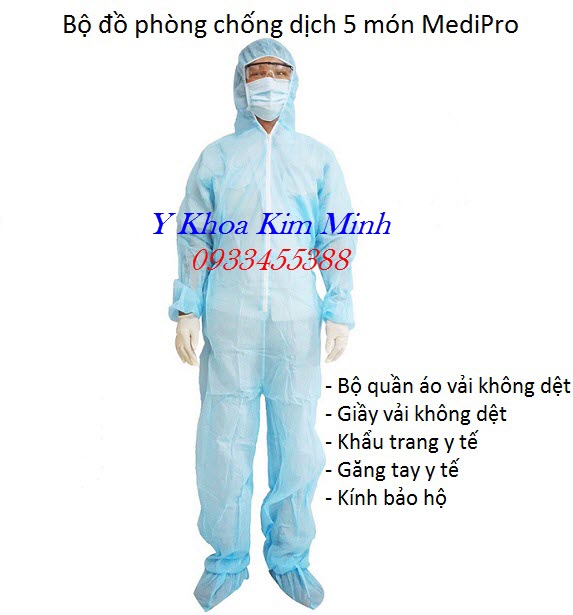 Quần áo bảo hộ vải không dệt gồm 5 món phòng chống dịch dùng 1 lần - Y Khoa Kim Minh