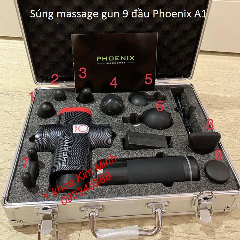 Đây là hình ảnh thực tế súng massage gun Phoenix A1 có 9 đầu điều trị - Y khoa Kim Minh