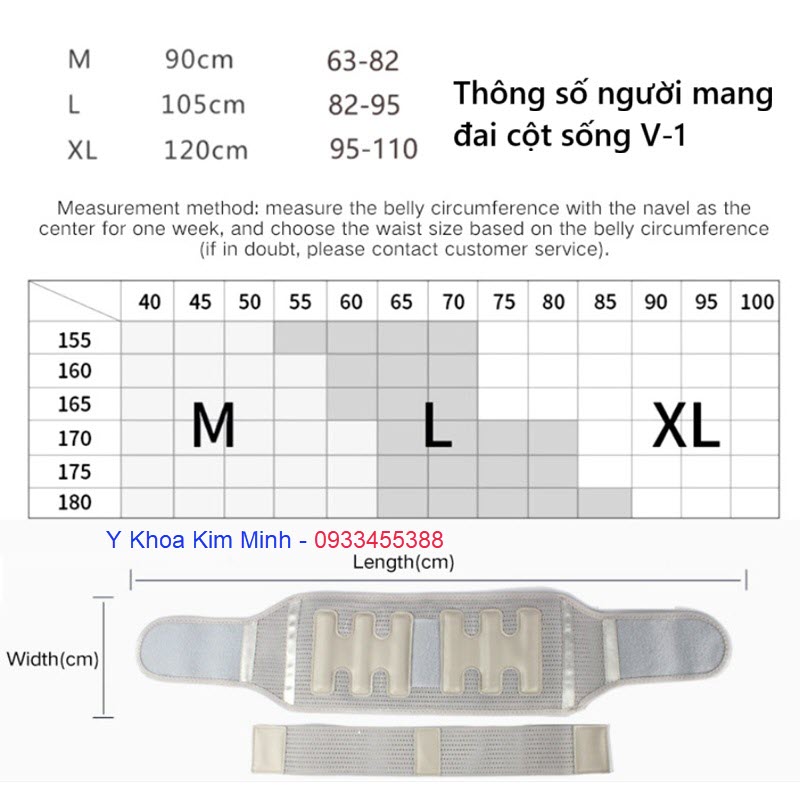 Thông số người mang đai cột sống thắt lưng gồm vòng bụng, chiều cao