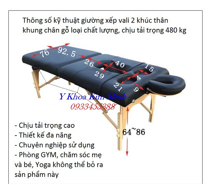Thông số kỹ thuật, kích thước giường vali 2 khúc massage chăm sóc bà bầu, mẹ sau khi sinh - Y khoa Kim Minh