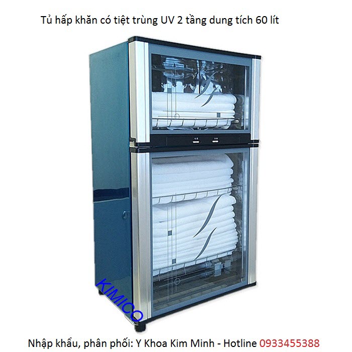 Tủ hấp khăn 2 tầng có tiệt trùng UV dung tích 60 lít - Y Khoa Kim Minh